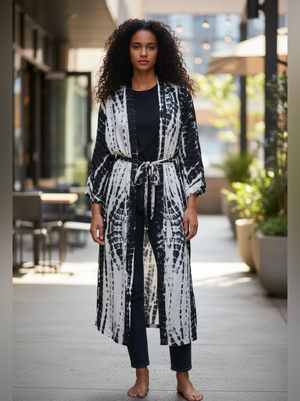 Elan Navy Blue & White Tie-Dye Kimono Robe with Waist Tie